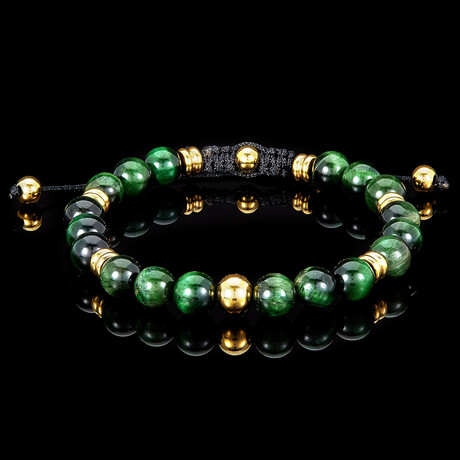 Green Tiger Eye Stone + Gold Plated Stainless Steel Adjustable Bracelet // 7.75"