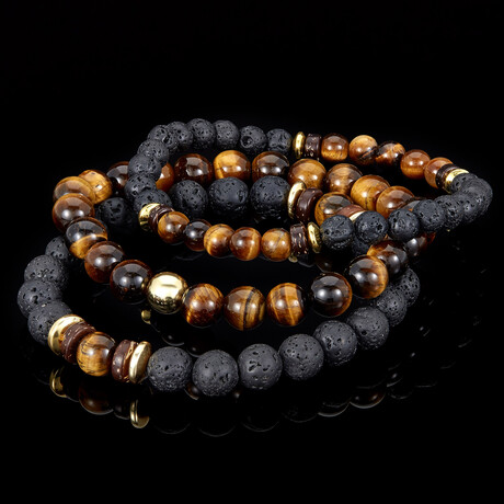 Tiger Eye + Gold Plated Hematite + Lava + Wood Bead Stretch Bracelets // Set of 3 // 8"