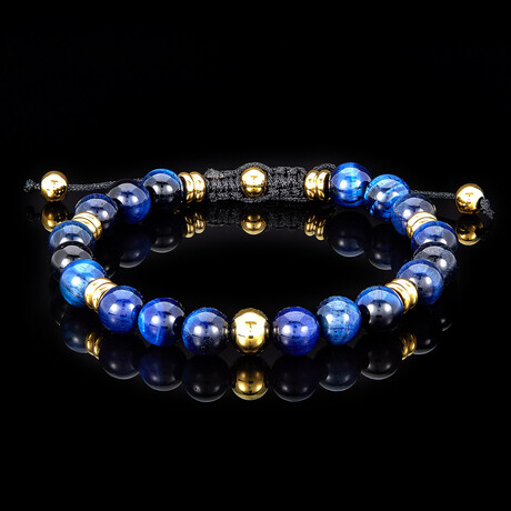 Blue Tiger Eye Stone + Gold Plated Stainless Steel Adjustable Bracelet // 7.75"