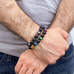 Multicolor Tiger Eye + Matte Onyx Stone Stretch Bracelet // 8.25"