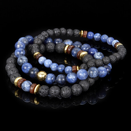 Sodalite + Gold Plated Hematite + Lava + Wood Bead Stretch Bracelets // Set of 3 // 8"