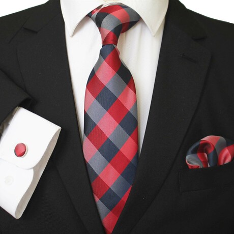 3pc Neck Tie Set + Gift Box // Red + Shades of Grey Plaid