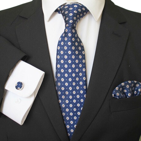 3pc Neck Tie Set + Gift Box // Navy Blue + White Floral