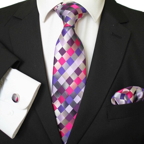 3pc Neck Tie Set + Gift Box // Pink + Blue + White + Multi Color Squares