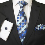 3pc Neck Tie Set + Gift Box // Multi Color Blue + White Squares