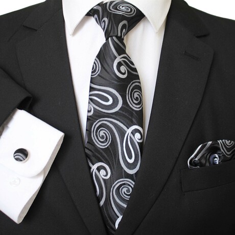 3pc Neck Tie Set + Gift Box // Dark Gray + White Paisley