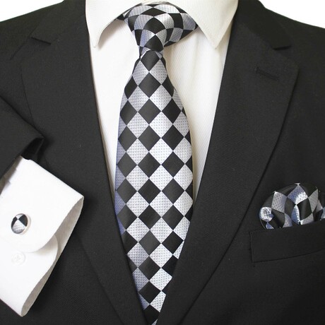 3pc Neck Tie Set + Gift Box // Black + White Checkers