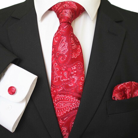 3pc Neck Tie Set + Gift Box // Rose Candy Red + White Paisley
