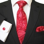 3pc Neck Tie Set + Gift Box // Rose Candy Red + White Paisley