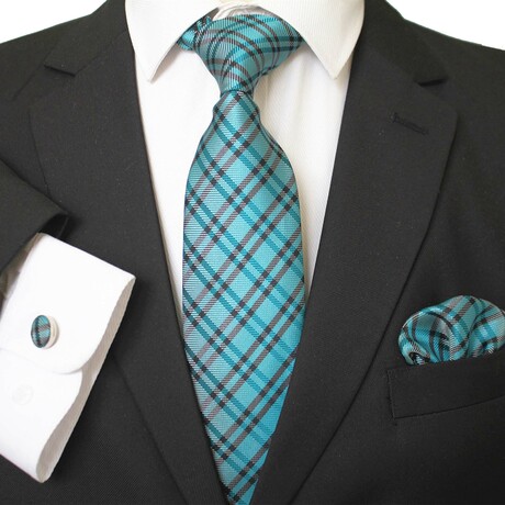 3pc Neck Tie Set + Gift Box // Turquoise Blue + Black Plaid
