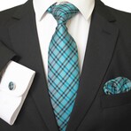 3pc Neck Tie Set + Gift Box // Turquoise Blue + Black Plaid