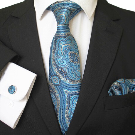 3pc Neck Tie Set + Gift Box // Turquoise Blue Paisley
