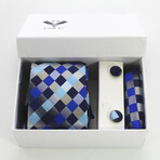 3pc Neck Tie Set + Gift Box // Multi Color Blue + White Squares