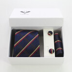 3pc Neck Tie Set + Gift Box // Blue + Red + Gold Stripes