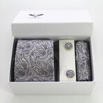 3pc Neck Tie Set + Gift Box // Grey + White Paisley