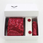 3pc Neck Tie Set + Gift Box // Rose Candy Red + White Paisley