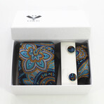 3pc Neck Tie Set + Gift Box // Multi Color blue + Gold Paisley