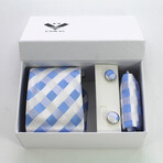 3pc Neck Tie Set + Gift Box // Sky Blue + White Squares