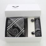3pc Neck Tie Set + Gift Box // Silver Grey + Black Paisley
