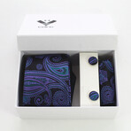 3pc Neck Tie Set + Gift Box // Lapis Blue + Black Paisley