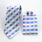 3pc Neck Tie Set + Gift Box // Sky Blue + White Squares