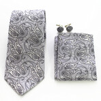 3pc Neck Tie Set + Gift Box // Grey + White Paisley