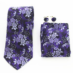 3pc Neck Tie Set + Gift Box // Purple Silver + Black Floral