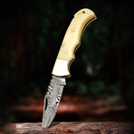 6.5" Handmade Camel Bone Handle // Damascus Pocket Knife // Leather Sheath