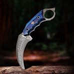7.5" Handmade Blue Wood Handle // Damascus Karambit Knife // Leather Sheath