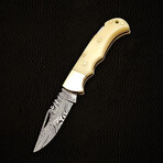 6.5" Handmade Camel Bone Handle // Damascus Pocket Knife // Leather Sheath