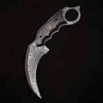 7.5" Handmade Black Wood Handle // Damascus Karambit Knife // Leather Sheath