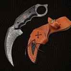 7.5" Handmade Black Wood Handle // Damascus Karambit Knife // Leather Sheath