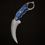 7.5" Handmade Blue Wood Handle // Damascus Karambit Knife // Leather Sheath