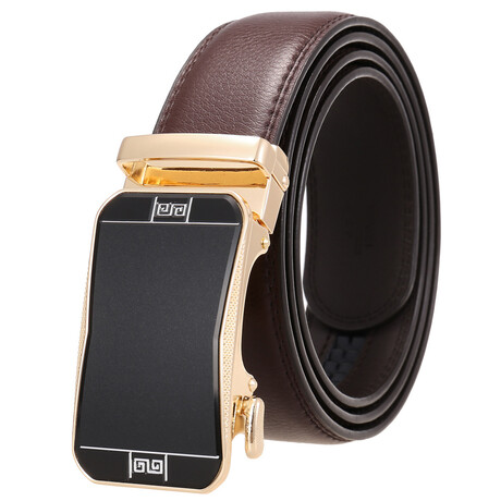 Leather Belt - Automatic Buckle // Brown + Black & Gold Buckle