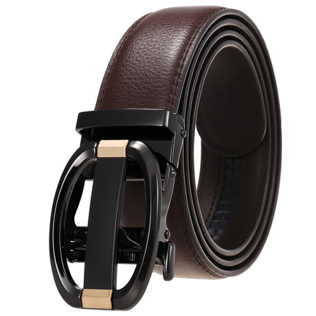 Leather Belt - Automatic Buckle // Brown + Black & Copper Buckle