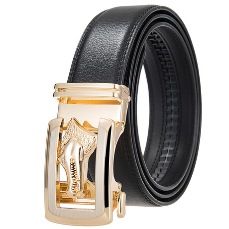 Leather Belt - Automatic Buckle //  Black + Gold Crocodile Buckle