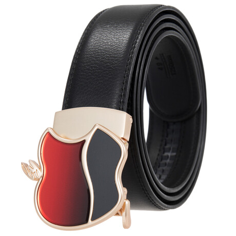 Leather Belt - Automatic Buckle // Black + Gold & Black Apple Buckle