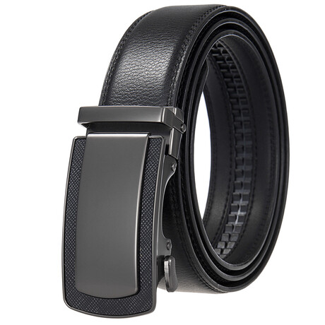 Leather Belt - Automatic Buckle // Black + Black Plain & Textured Buckle