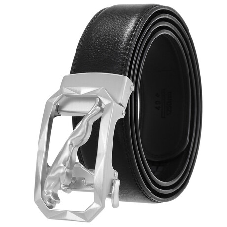 Leather Belt - Automatic Buckle // Black + Silver Jaguar Buckle