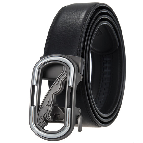 Leather Belt - Automatic Buckle // Black + Silver & Black Jaguar Buckle