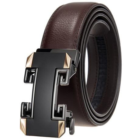 Leather Belt - Automatic Buckle // Brown + Black & Gold Detail Buckle