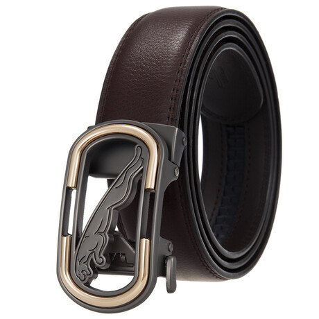 Leather Belt - Automatic Buckle // Brown + Black & Gold Jaguar Buckle