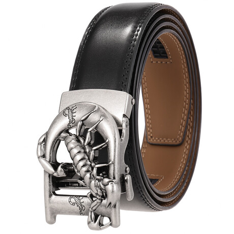 Leather Belt - Automatic Buckle // Black + Silver Scorpion Buckle