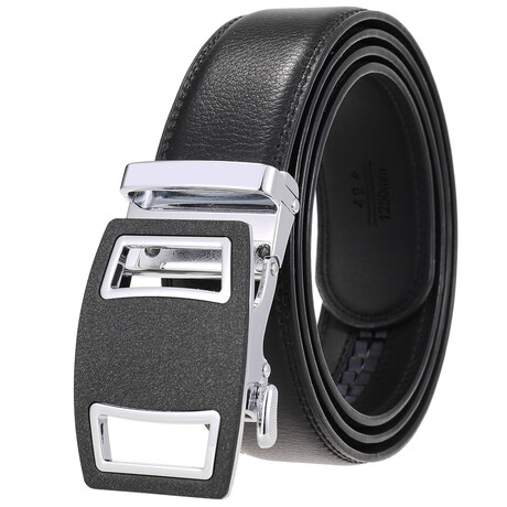Leather Belt - Automatic Buckle // Black + Silver & Black Textured Buckle