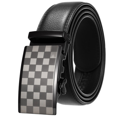 Leather Belt - Automatic Buckle // Black + Silver Checkered Buckle