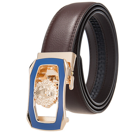 Leather Belt - Automatic Buckle // Brown + Gold & Blue Lion