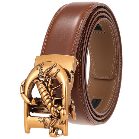 Leather Belt - Automatic Buckle // Tan + Gold Scorpion Buckle