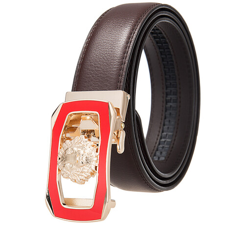 Leather Belt - Automatic Buckle // Brown + Gold & Red Lion