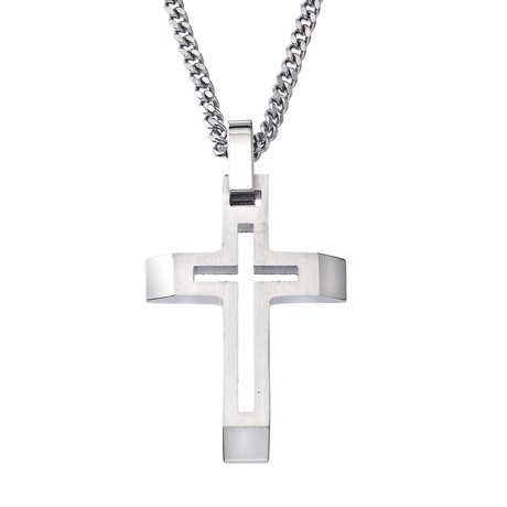 Stainless Steel Cross Pendant With Cut Out and Satin And High Polish Cross Pendant