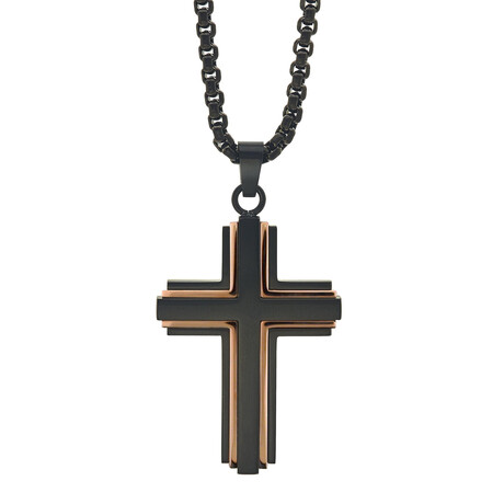 Stainless Steel Cross Pendant With Black Iron Plating And Rose Gold Iron Plating Polished Accent Lines